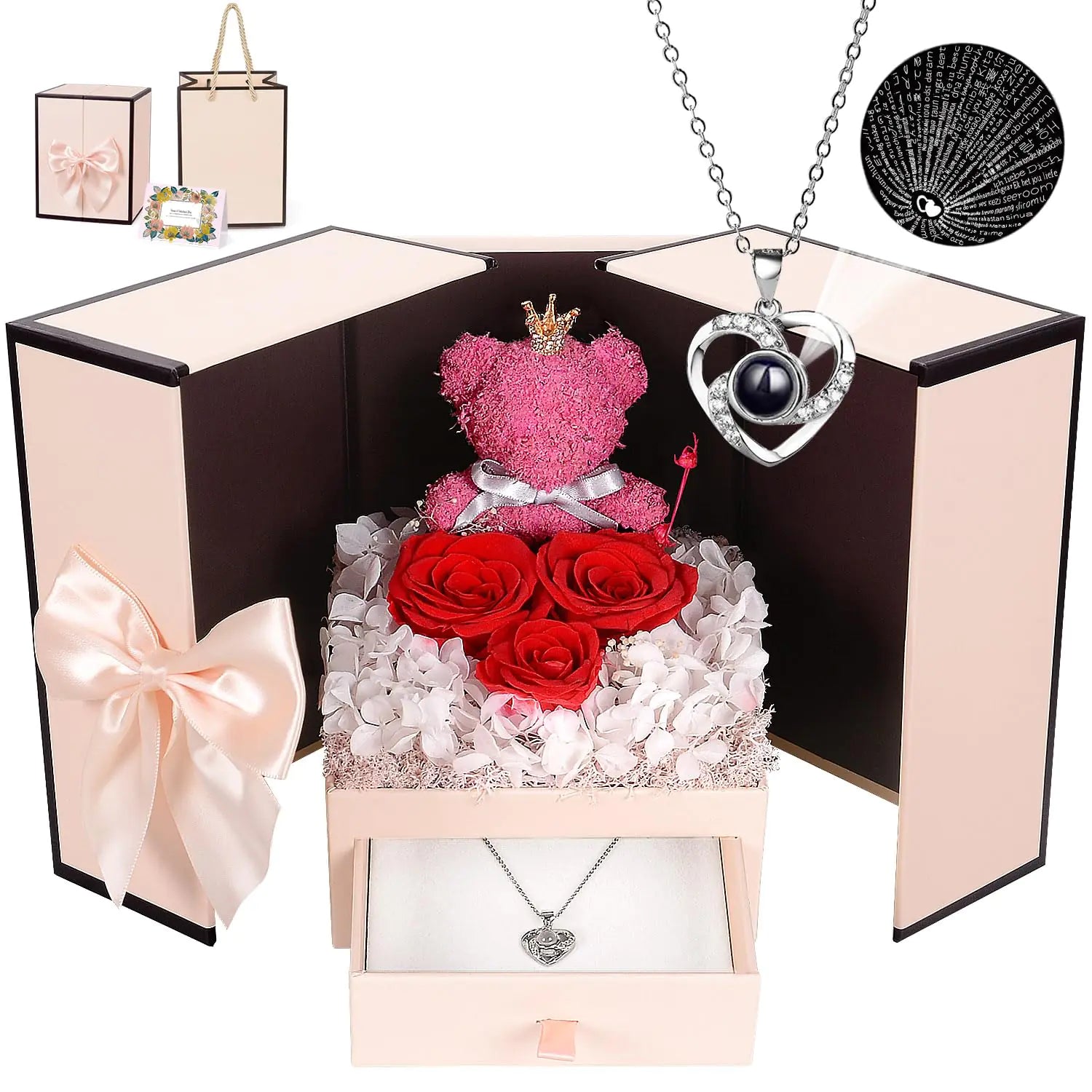 Eternal Love Rose Moss Bear & Heart Necklace Gift Set